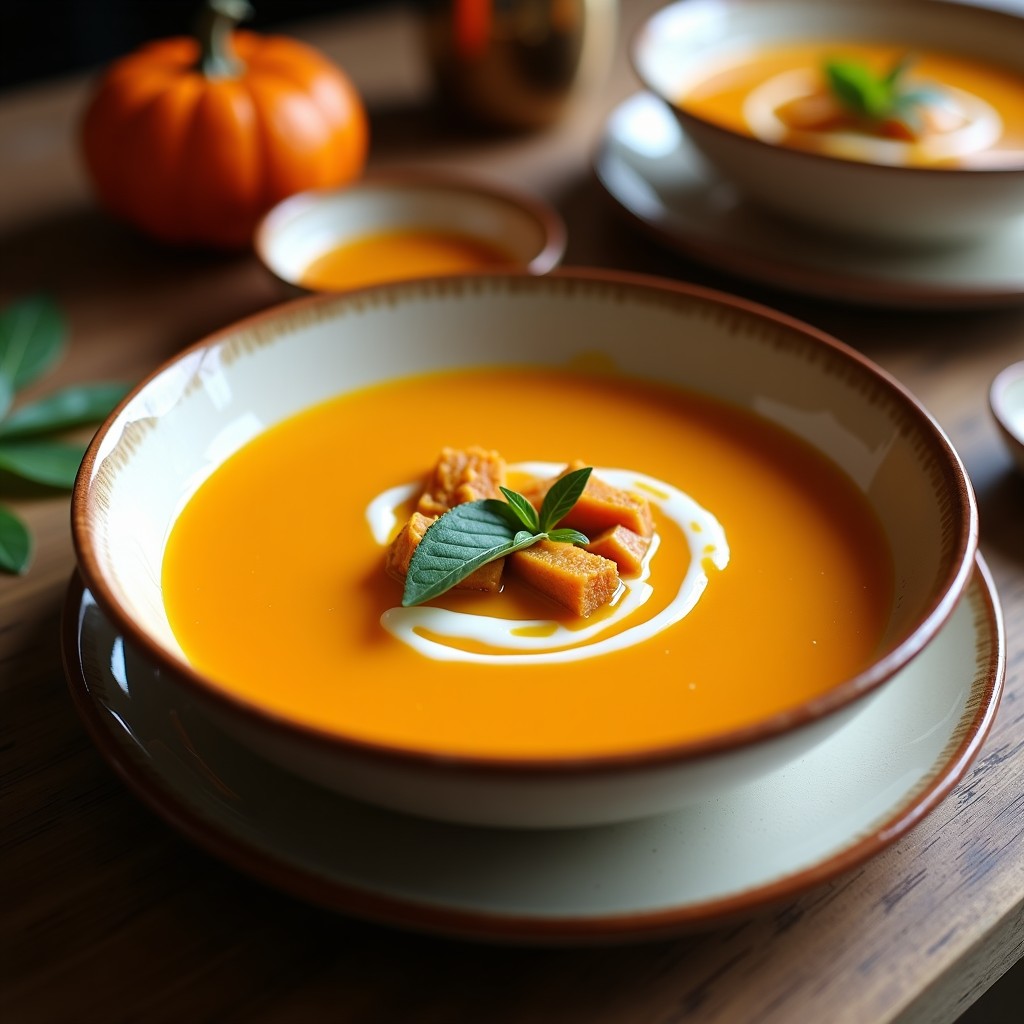 Cuenco blanco con sopa de calabaza cremosa, decorada con un hilo de leche de coco y perejil fresco, sobre una mesa de madera rústica.