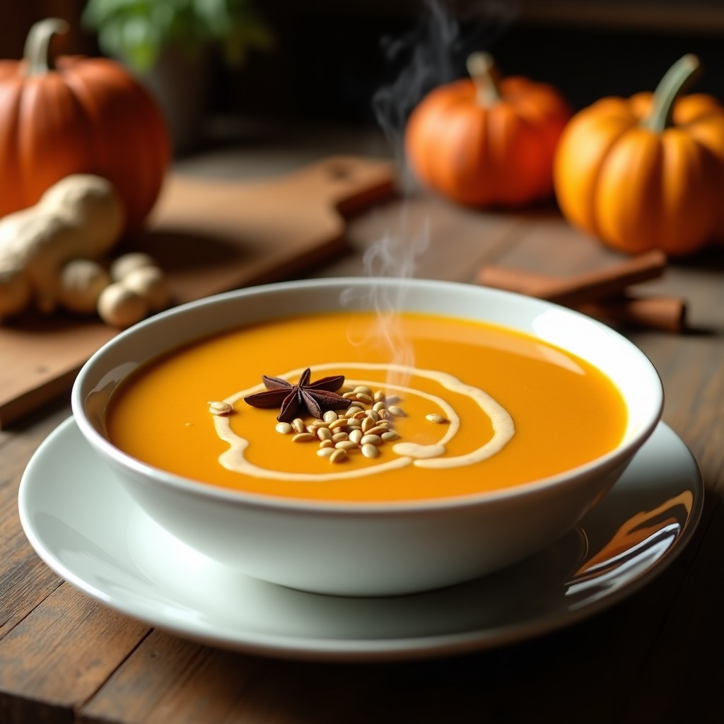 Cuenco blanco de cerámica con sopa de calabaza y jengibre ahumada, cremosa y humeante, decorada con semillas de calabaza tostadas y un hilo de aceite de oliva. Fondo rústico de madera con especias al lado.