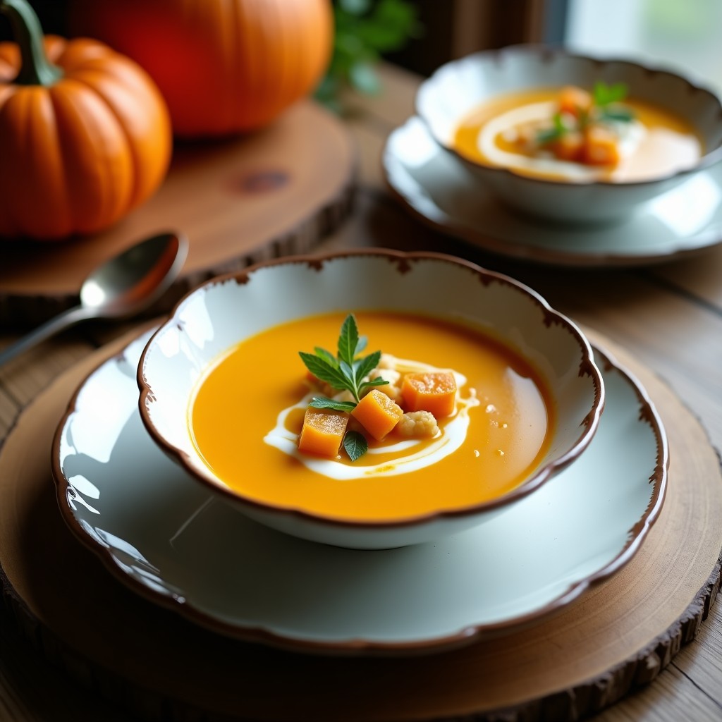 Cuenco hondo de cerámica negra con sopa de calabaza y jengibre de color naranja intenso, decorada con virutas de coco tostadas doradas, hojas de cilantro fresco y semillas de sésamo. Fondo con textura de madera rústica y velas, ambiente acogedor tailandés.