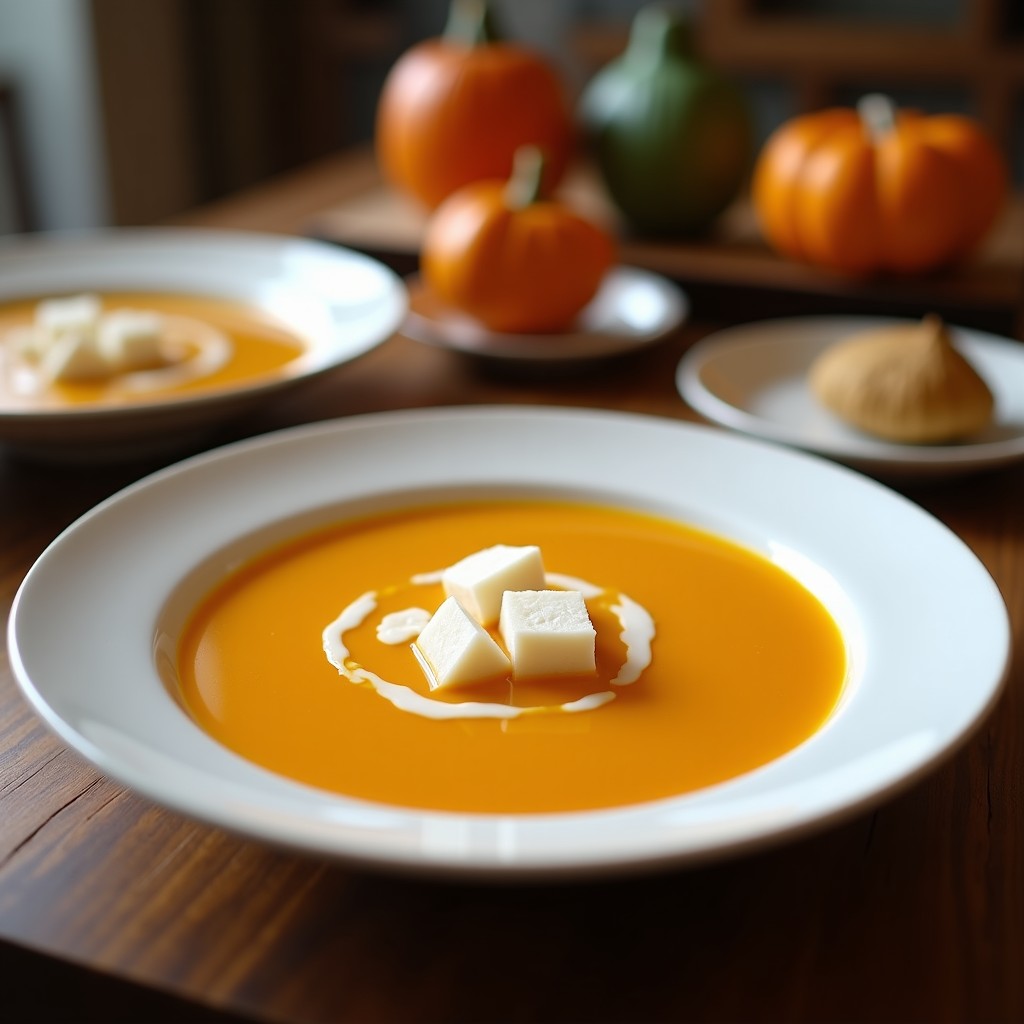 Cuenco hondo de cerámica negra con sopa de calabaza y jengibre tailandesa vegana, cremosa y de color naranja intenso, decorada con cruzados de coco dorados, cilantro fresco y semillas de sésamo. Fondo rústico con tallos de limoncillo y rodajas de lima.