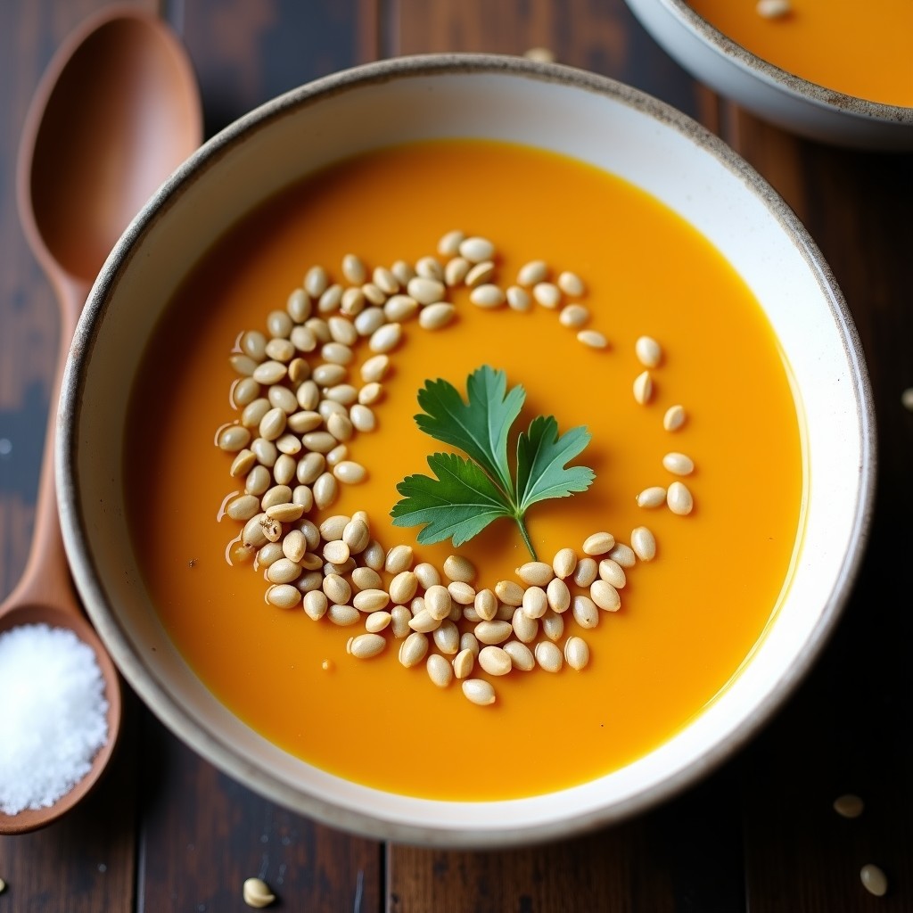 Cuenco hondo de cerámica blanca con sopa de calabaza y jengibre cremosa, coronada con crujiente dorado de semillas de girasol, calabaza y sésamo. Fondo rústico con cucharón de madera y hojas de hierbabuena fresca. Receta detox en Thermomix.