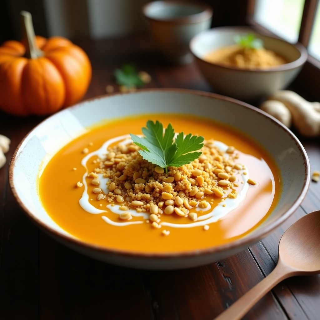 Sopa de Calabaza y Jengibre con Crumble de Cacahuetes: Receta Vegana Antiinflamatoria