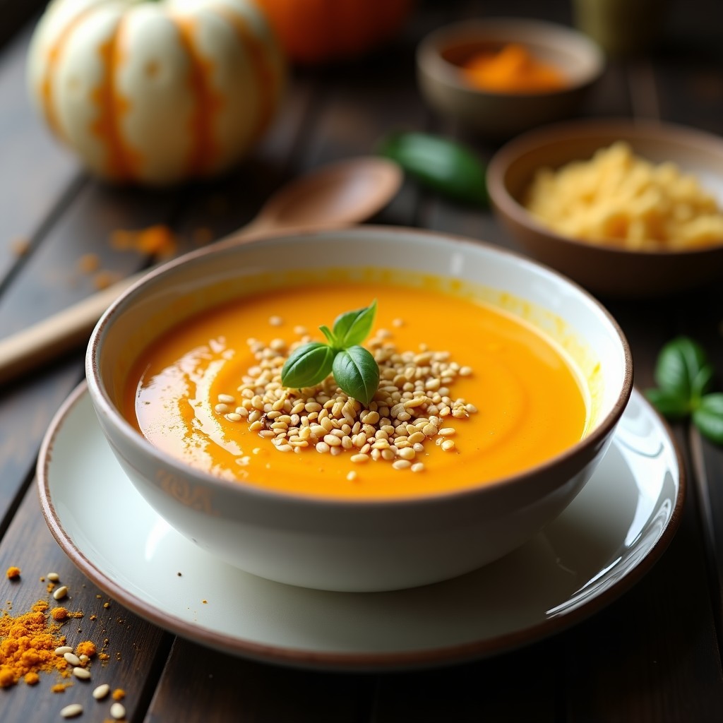 Plato hondo blanco con sopa de calabaza y jengibre keto, cremosa y de color naranja intenso, coronada con crumble dorado de semillas de calabaza, girasol y almendras. Fondos borrosos de especias y hierbas frescas sobre una mesa de madera rústica.