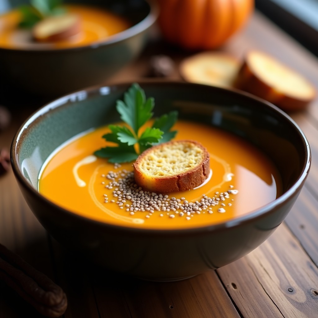 Plato hondo de cerámica blanca con sopa de calabaza y jengibre de color naranja intenso, decorada con crutones dorados de pan de centeno, perejil fresco picado y una rodaja de limón. Fondo rústico con telas de lino y especias al lado.