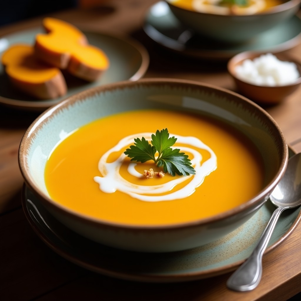 Sopa cremosa de calabaza y jengibre con leche de coco servida en un bol hondo de cerámica blanca, decorada con semillas de calabaza tostadas, hojas de cilantro fresco y un hilo de aceite de coco. Fondo rústico con texturas de madera y telas neutras, resaltando el color naranja intenso de la sopa antiinflamatoria.