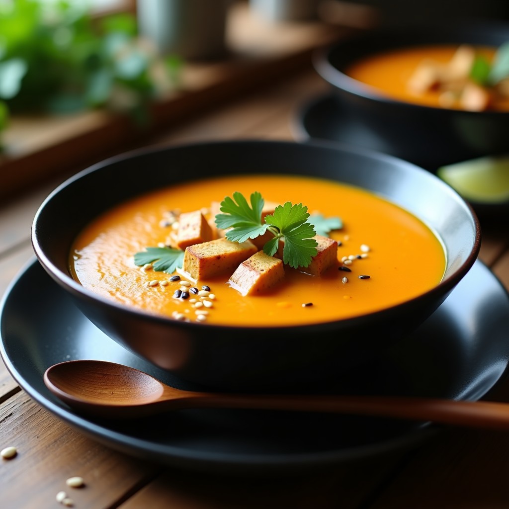 Cuenco hondo de cerámica negra con sopa de calabaza y jengibre vegana, cremosa y de color naranja intenso, coronada con cubos dorados de tofu ahumado y hojas de cilantro fresco. Fondo con textura de madera rústica y cucharón de madera.