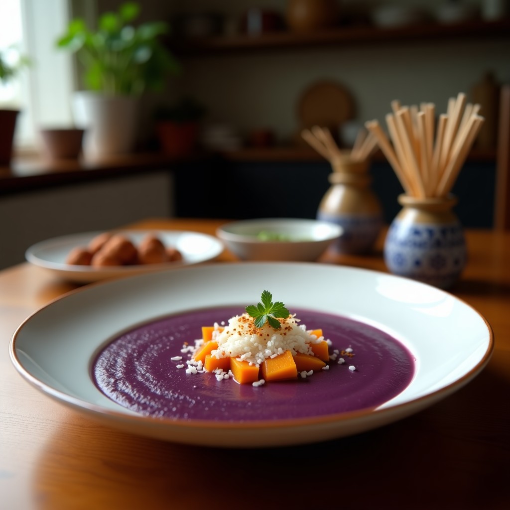 Cuenco hondo de cerámica negra con sopa de calabaza morada y jengibre, cremosa y de color violeta intenso, coronada con crujiente de coco tostado y semillas de sésamo negro. Acompañada de hojas de cilantro fresco y una cucharada de aceite de coco virgen. Plato tailandesa antiinflamatoria listo para servir.