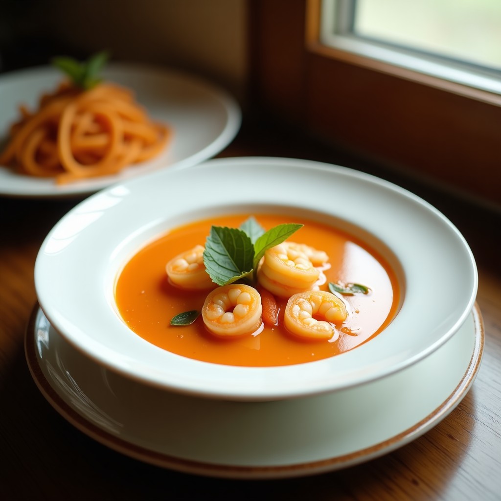 Sopa tailandesa de camarón y coco con jengibre en cuenco hondo, decorada con cilantro fresco y rodajas de limón, con fondo de especias y hierbas aromáticas.