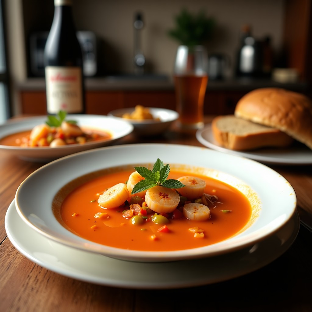 Cuenco hondo de cerámica negra con sopa tailandesa de camarón y tamarindo, caldo dorado espeso con trozos de camarón rosa, rodajas de cebolla morada, tomates cherry y cilantro fresco. Fondos de hojas de limón kaffir y chiles rojos flotando. Estilo auténtico tailandés con texturas vibrantes.