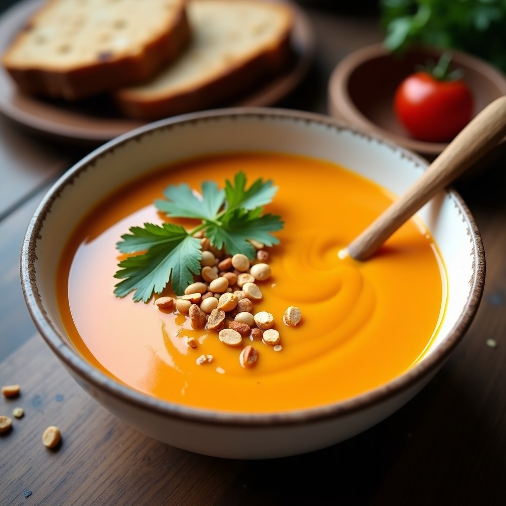Cuenco de cerámica blanca con sopa de camote y cacahuete vegana, de color naranja intenso y textura cremosa, decorada con cilantro fresco y cacahuetes tostados picados. Fondo de madera rústica con cuchara de madera y trozo de pan integral.