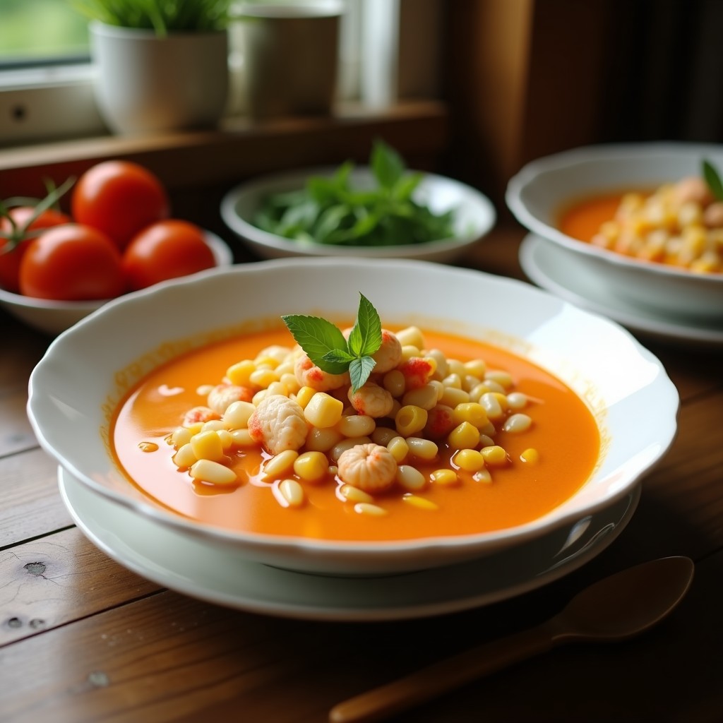 Cuenco hondo de cerámica negra con sopa de cangrejo y maíz con leche de coco, decorada con cilantro fresco y rodajas de limón, sobre fondo de madera rústica. Receta tailandesa picante en olla exprés.