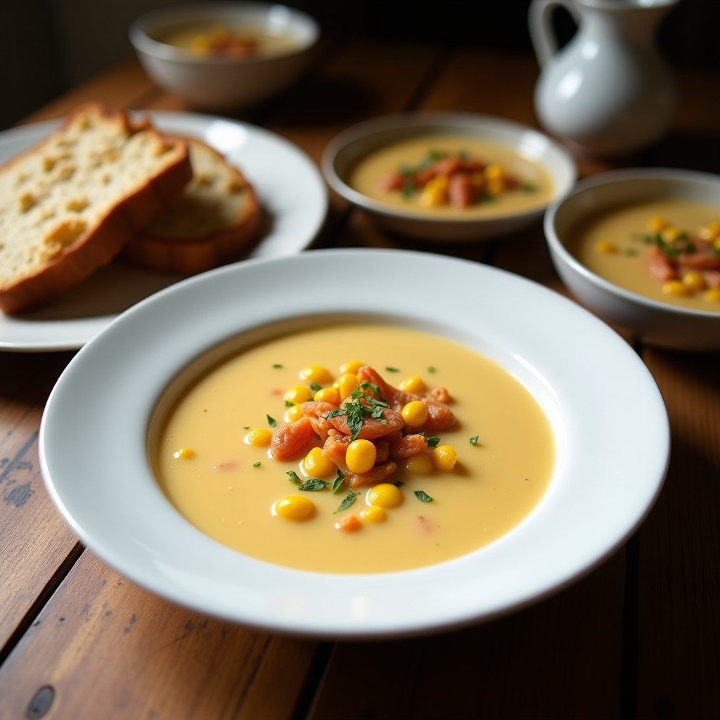 Cuenco hondo de cerámica blanca con sopa de cangrejo y maíz en leche de coco, decorada con cilantro fresco y rodajas de lima. El caldo cremoso y amarillento resalta los trozos de cangrejo y granos de maíz, con un fondo de hoja de lima kaffir y chile rojo.