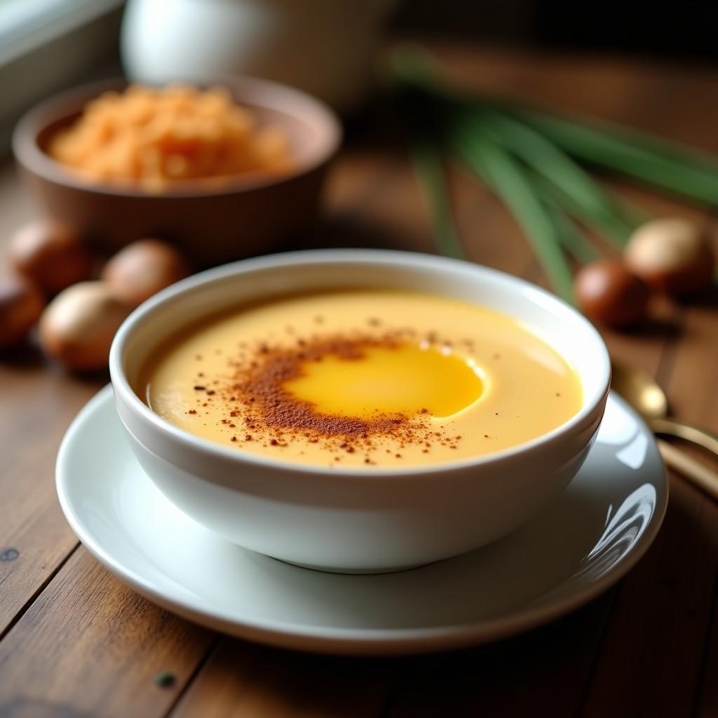 Cuenco blanco con sopa de castañas ahumadas, textura cremosa y espuma dorada, decorada con pumpkin spice y aceite de oliva virgen extra, sobre fondo rústico de madera.