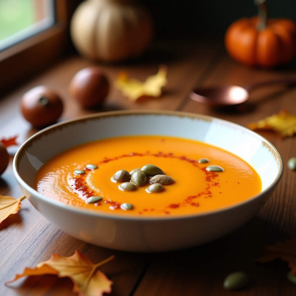 Cuenco de cerámica blanca con sopa de castañas y batata morada, textura cremosa, decorada con semillas de calabaza y hilo de aceite de oliva. Fondo de mesa rústica con hojas de otoño.