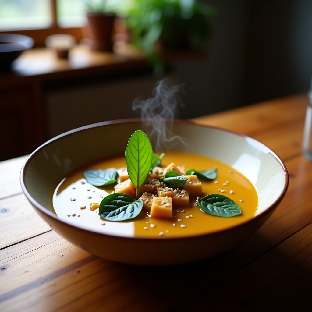 Cuenco de sopa cremosa de castañas y espinacas con cubos de tofu ahumado, decorado con semillas de sésamo y un hilo de aceite de oliva, sobre una mesa de madera rústica.