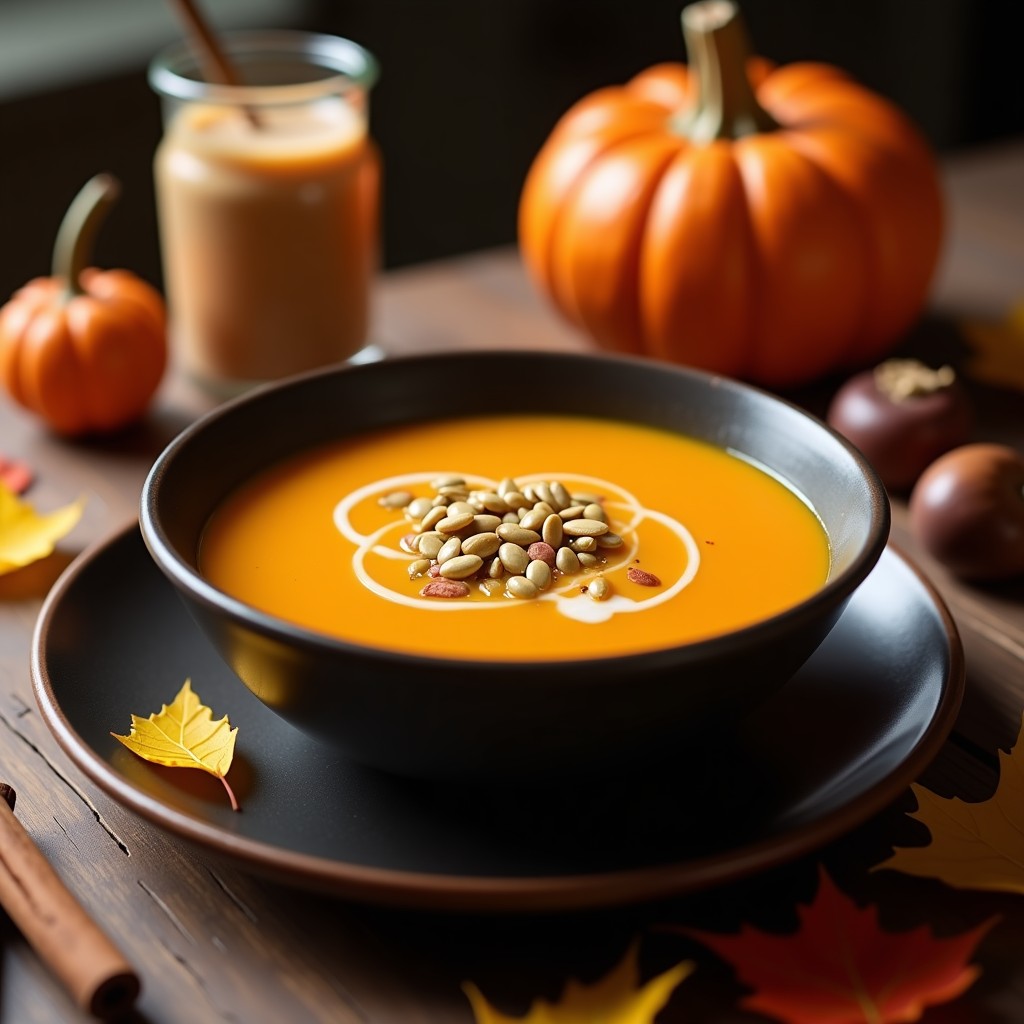 Cuenco hondo de cerámica oscura con sopa cremosa de castañas y calabaza, decorada con semillas de calabaza tostadas y un hilo de miel, sobre fondo rústico de madera con hojas de otoño y especias esparcidas.