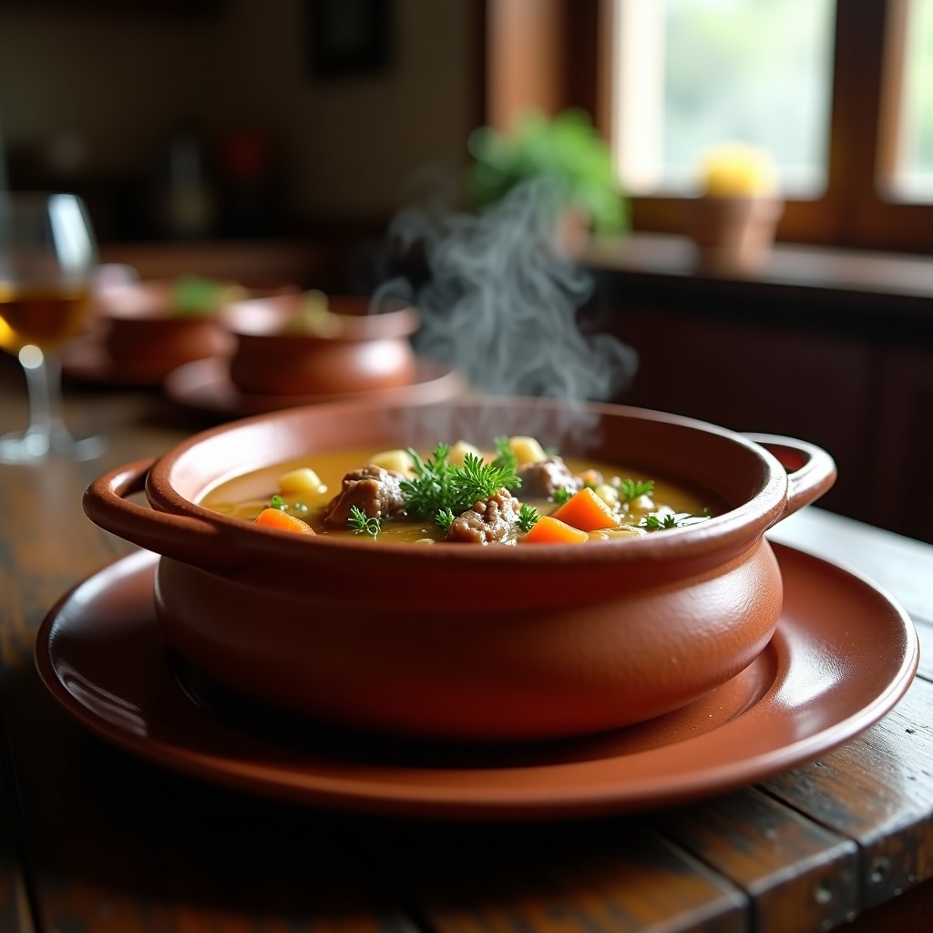 Cazuela de barro humeante con sopa de castañas y ternera, trozos de carne jugosa y castañas deshechas en un caldo espeso, decorada con perejil fresco.
