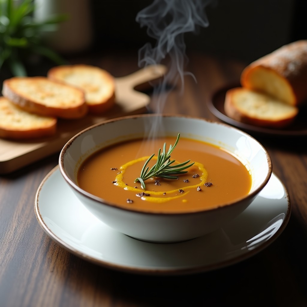 Cuenco de cerámica blanca con sopa de castañas y trufa cremosa, decorada con un hilo de aceite de trufa y romero fresco, acompañada de pan tostado sin gluten, receta airfryer.