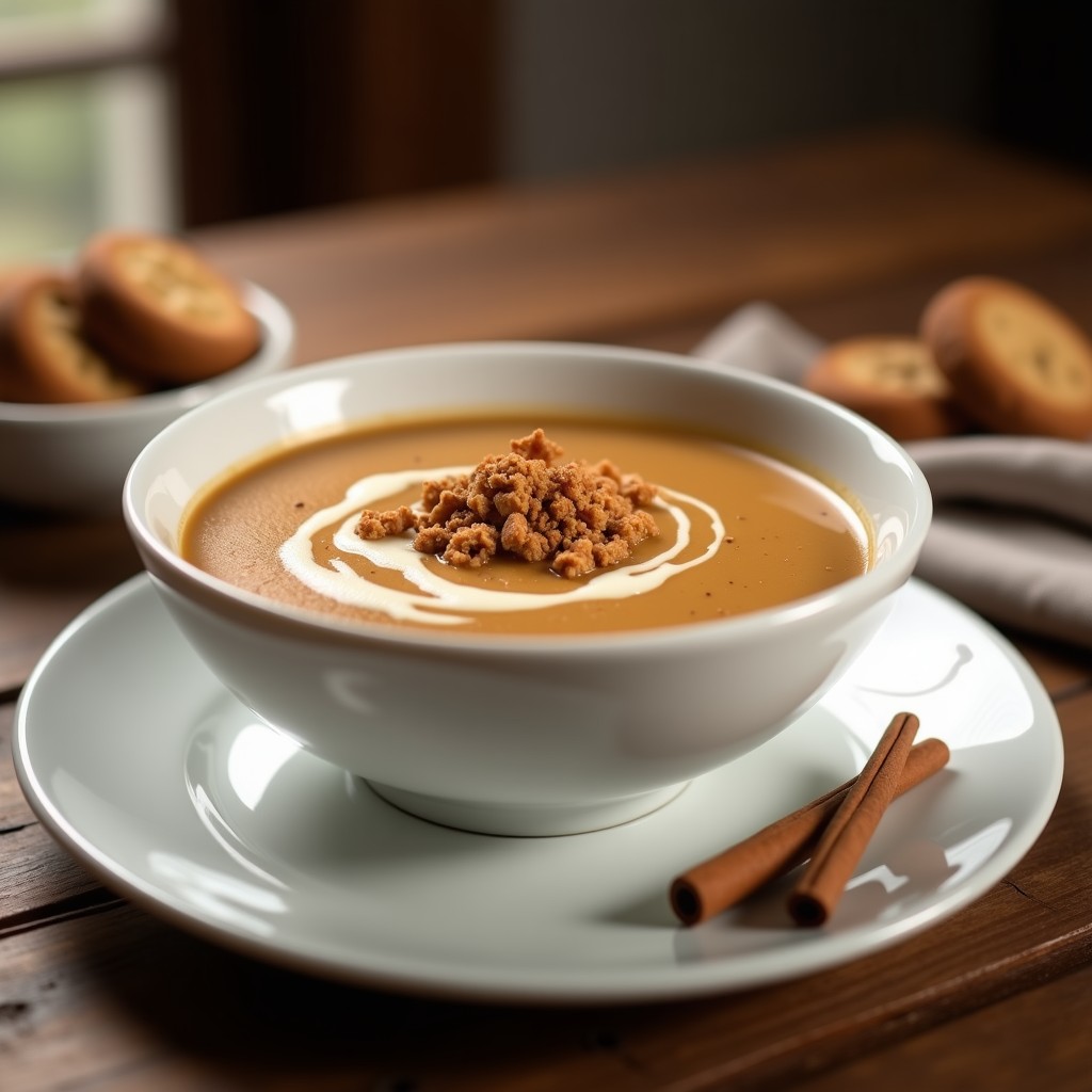 Tazón de porcelana blanca con sopa de castañas cremosa, decorada con galletas María troceadas y un hilo de nata líquida, receta tradicional thermomix.