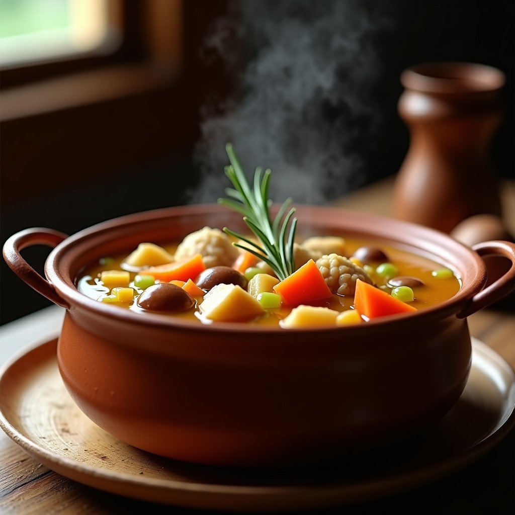 Cazuela de barro humeante con sopa de castañas y pollo, trozos de castaña y pollo visible, decorada con romero fresco y un hilo de aceite de oliva, fondo rústico de madera.