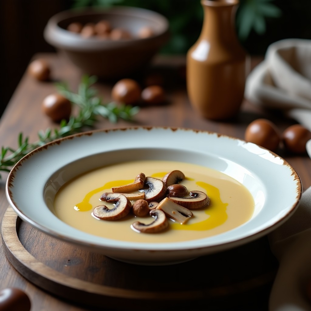 Cuenco de cerámica blanca con sopa cremosa de castañas y setas, decorada con láminas de setas frescas y un hilo de aceite de oliva virgen extra, sobre fondo rústico de madera.