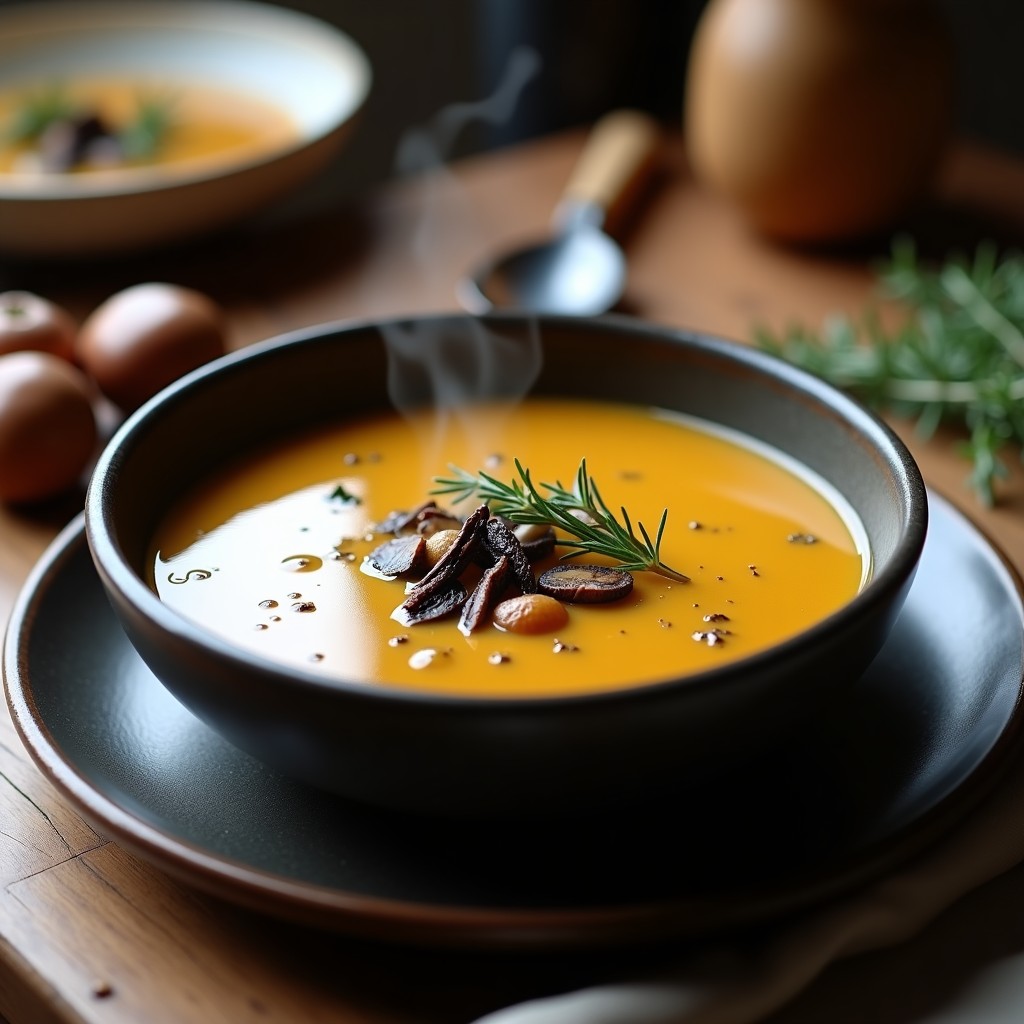 Cuenco hondo de cerámica oscura con sopa cremosa de castañas y setas, decorada con láminas de trufa negra y un hilo de aceite de oliva virgen extra, sobre fondo rústico de madera.