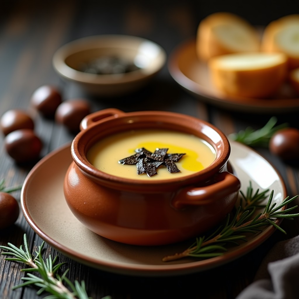 Cazuela de barro humeante con sopa de castañas cremosa, adornada con láminas de trufa negra y un hilo de aceite de oliva. Fondos de castañas y romero fresco alrededor.