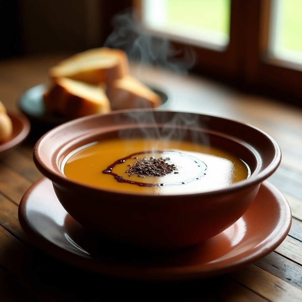 Cazuela de barro humeante con sopa de castañas y trufa, textura cremosa, decorada con un hilo de aceite de trufa y pan tostado crujiente, receta en ollas superpuestas.