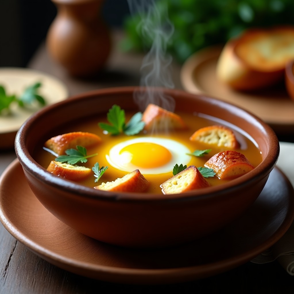 Cuenco de barrita rústico con sopa castellana humeante, rodajas de ajo, huevo poché en el centro y perejil fresco espolvoreado. Receta tradicional española reconfortante.