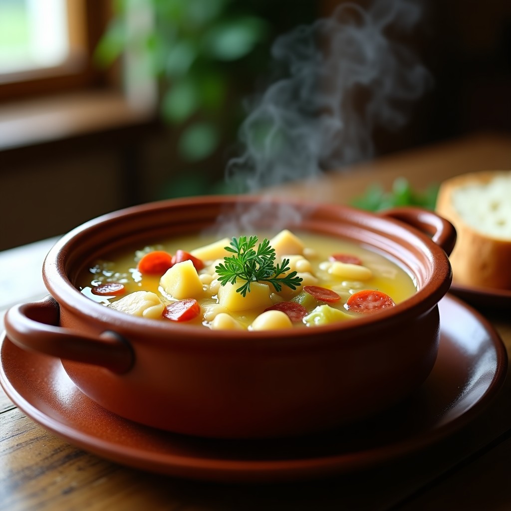 Cazo de barro humeante con sopa de Castro tradicional asturiana, llena de fabes, trozos de repollo, patata y chorizo. Acompañada de pan rústico y perejil fresco espolvoreado.