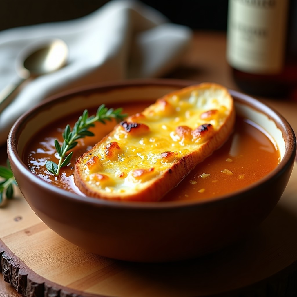 Tazón hondo de sopa de cebolla gratinada con cebollas caramelizadas, pan tostado cubierto de queso gruyère y emmental fundido y dorado, receta fácil en airfryer.