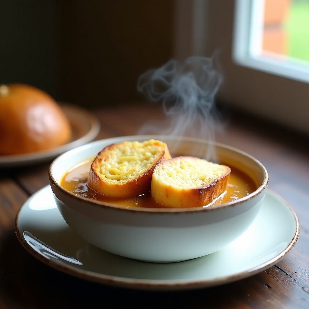 Cuenco de cerámica blanca con sopa de cebolla gratinada humeante, cubierto de pan tostado y queso Gruyère dorado y burbujeante, sobre fondo rústico de madera.