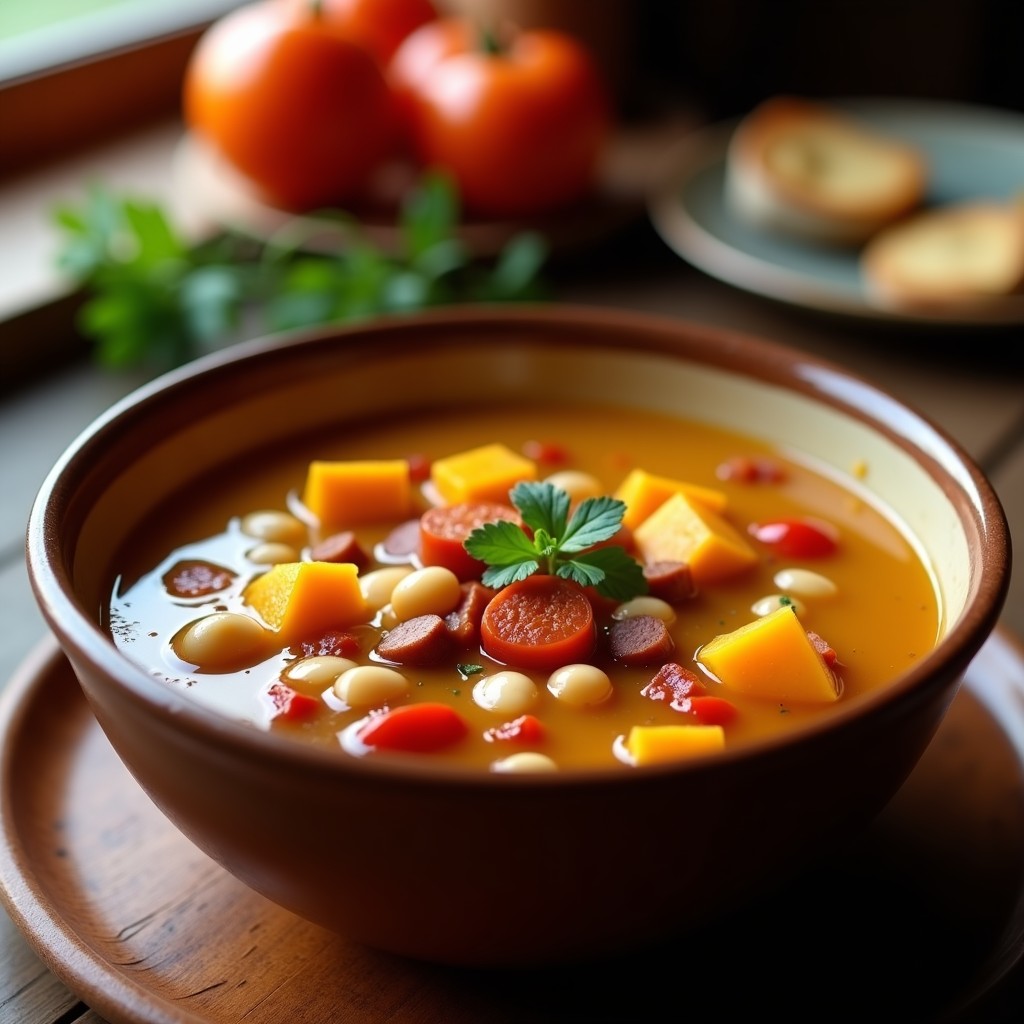 Olla humeante con sopa de porotos granados chilena, llena de trozos de calabaza, chorizo y verduras, servida en un plato hondo rústico.