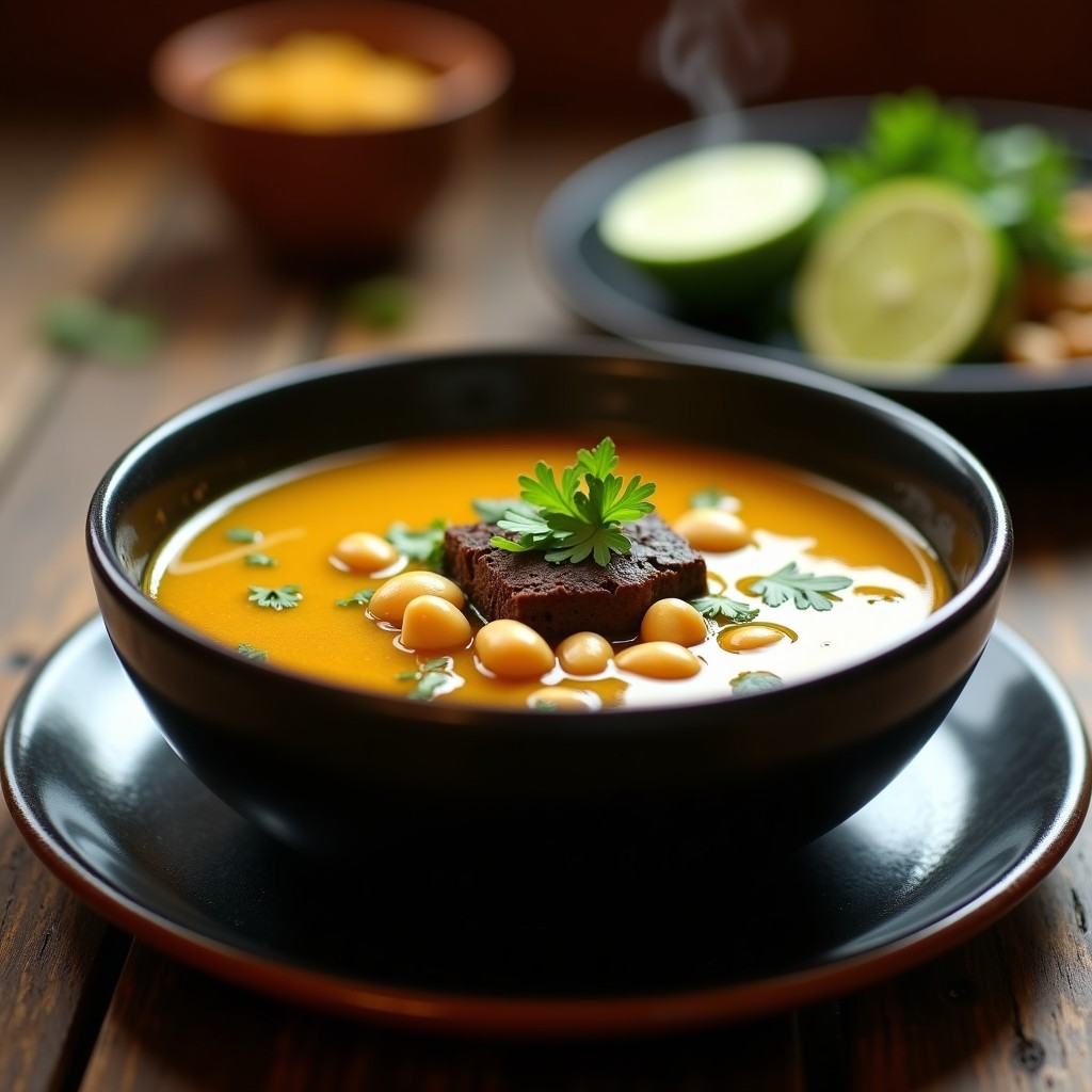 Plato hondo de cerámica negra con sopa espesa de chuño y habas, bañada en un caldo dorado con ají amarillo, decorada con perejil fresco y rodajas de limón. Fondo rústico con textura de madera.