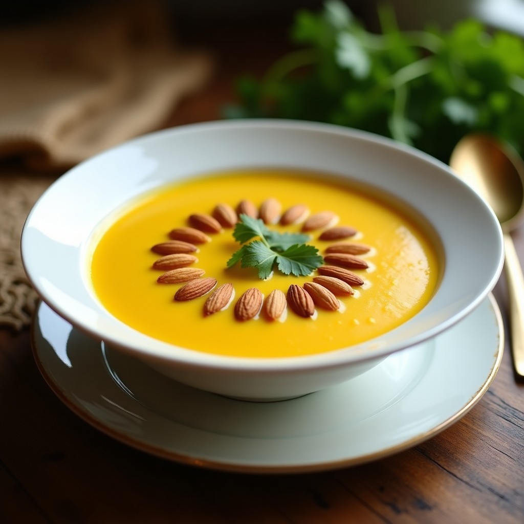 Cuenco hondo de cerámica blanca con sopa cremosa de coliflor y azafrán, coronada con almendras fileteadas doradas y hojas de cilantro fresco. Fondo rústico con texturas iraníes.