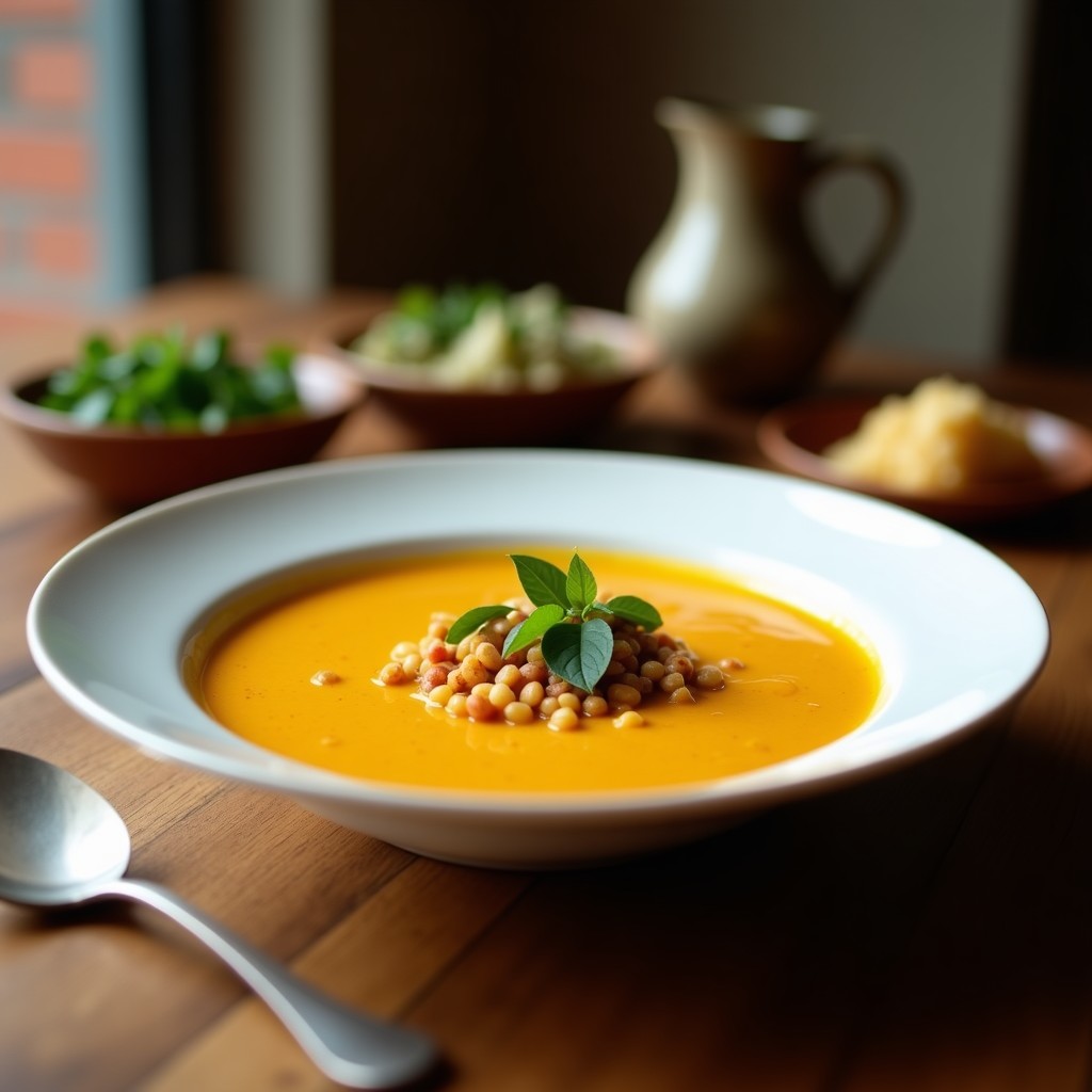 Cuenco blanco con sopa crema de calabacate verde y chile poblano ahumado, decorada con cilantro fresco y semillas de calabaza tostadas, servida sobre una mesa de madera rústica.