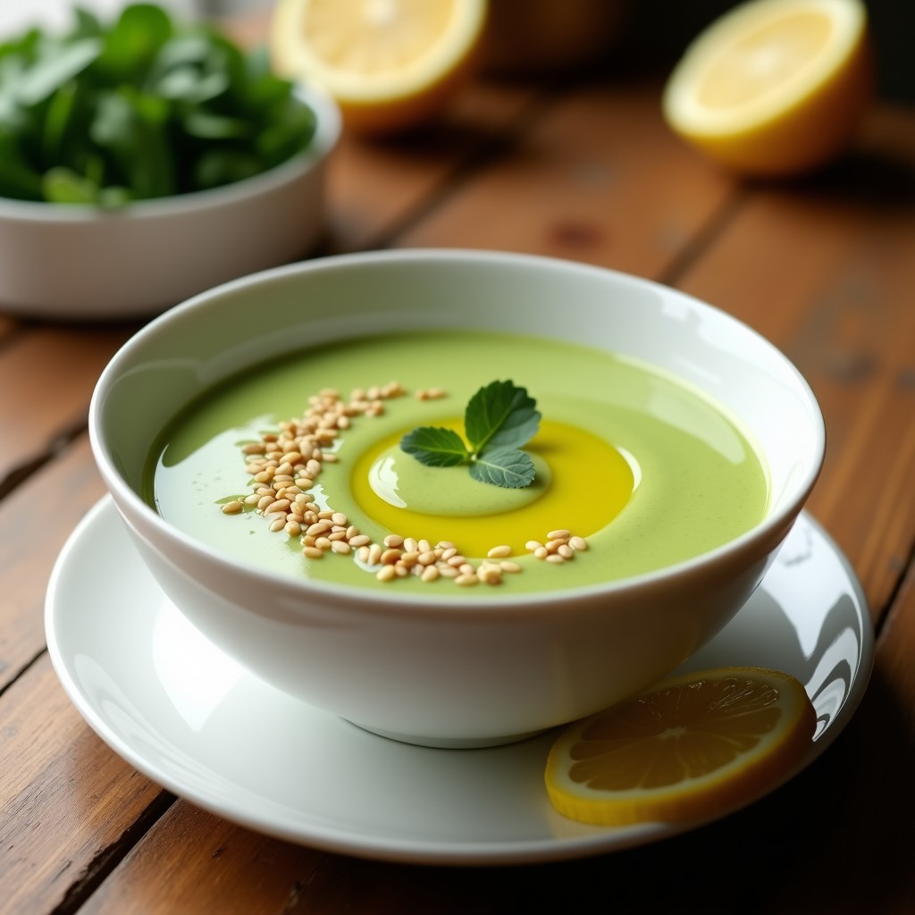 Cuenco blanco con sopa crema de calabacín y jengibre antiinflamatoria, decorada con un hilo de aceite de oliva, semillas de sésamo y una rodaja de limón, sobre un fondo de madera rústica.