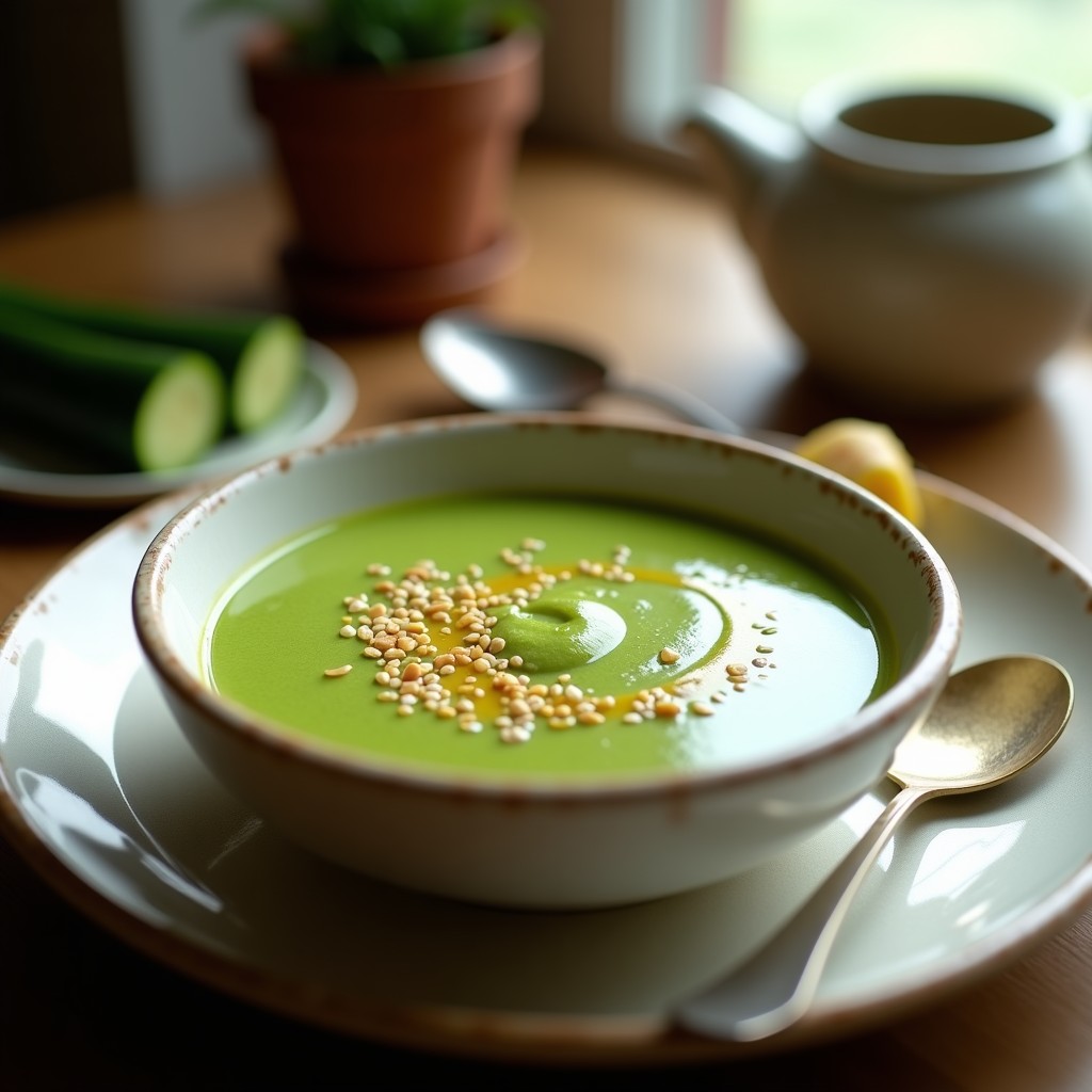 Cuenco blanco con sopa crema de calabacín y jengibre, decorada con un hilo de aceite de oliva y semillas de sésamo, sobre fondo de madera rústica.