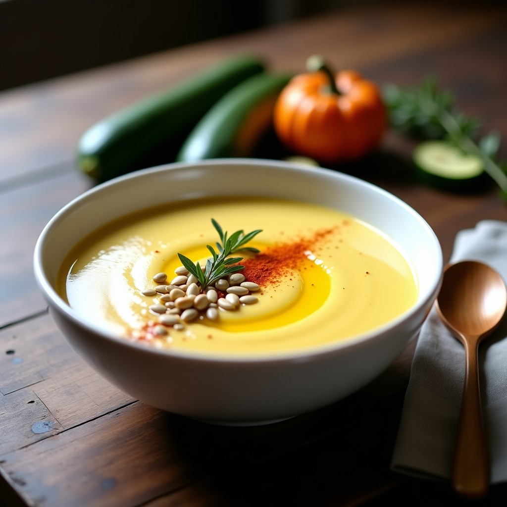 Cuenco de cerámica blanca con sopa crema de calabacines ahumados, decorada con un hilo de aceite de oliva, pimentón ahumado y semillas de calabaza tostadas, sobre fondo rústico de madera oscura.