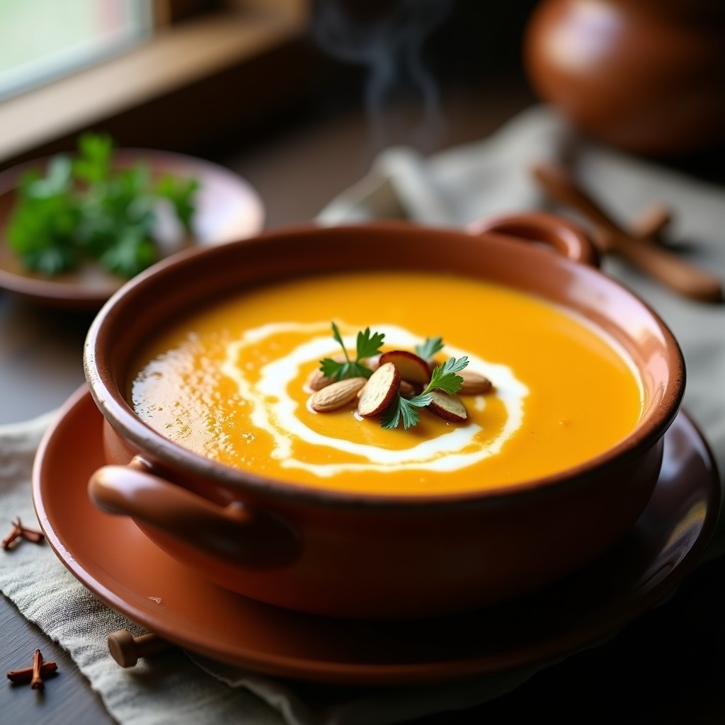 Cazuela de barro humeante con sopa crema de calabaza de color dorado, decorada con almendras fileteadas tostadas y perejil fresco picado, servida sobre una mesa rústica de madera.