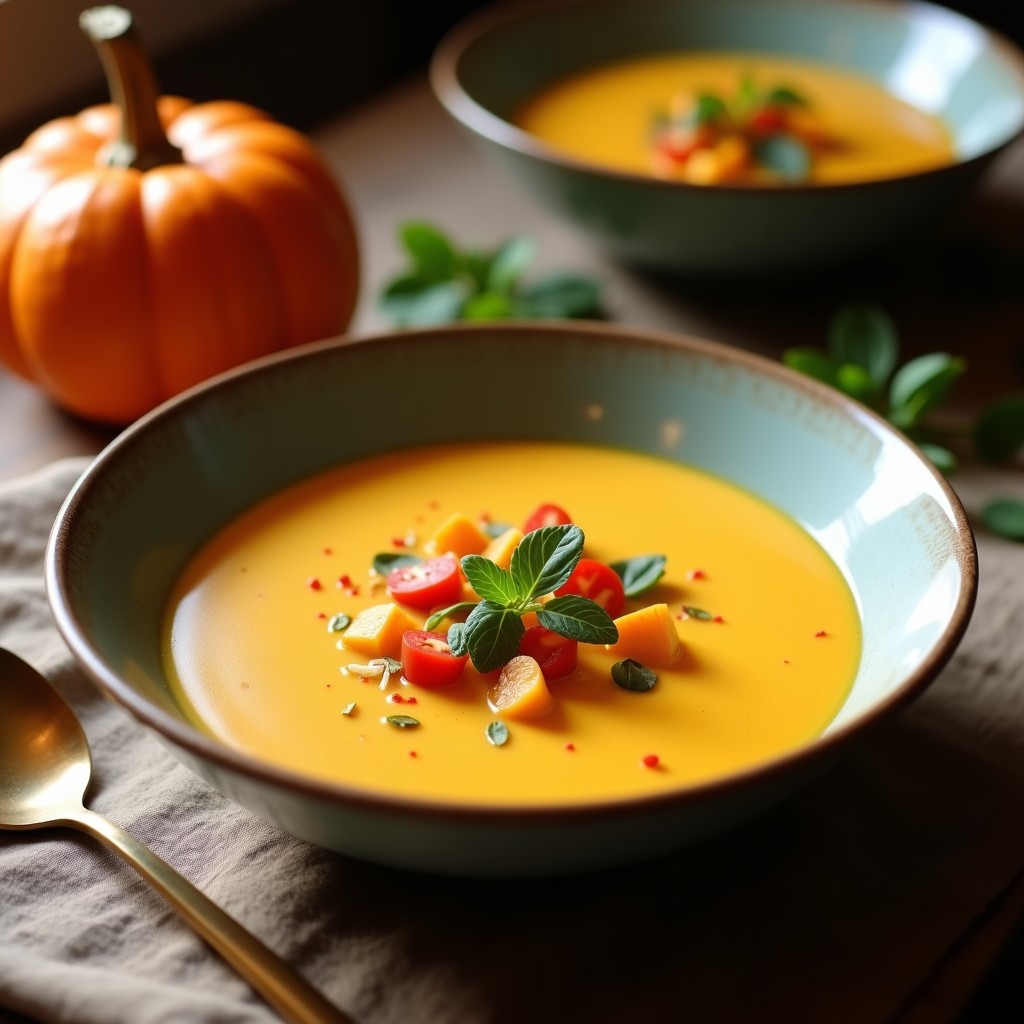Cuenco blanco hondo con sopa crema de calabaza y coco de color naranja intenso, decorada con hojas de cilantro fresco y semillas de calabaza tostadas, servida sobre una mesa de madera rústica.