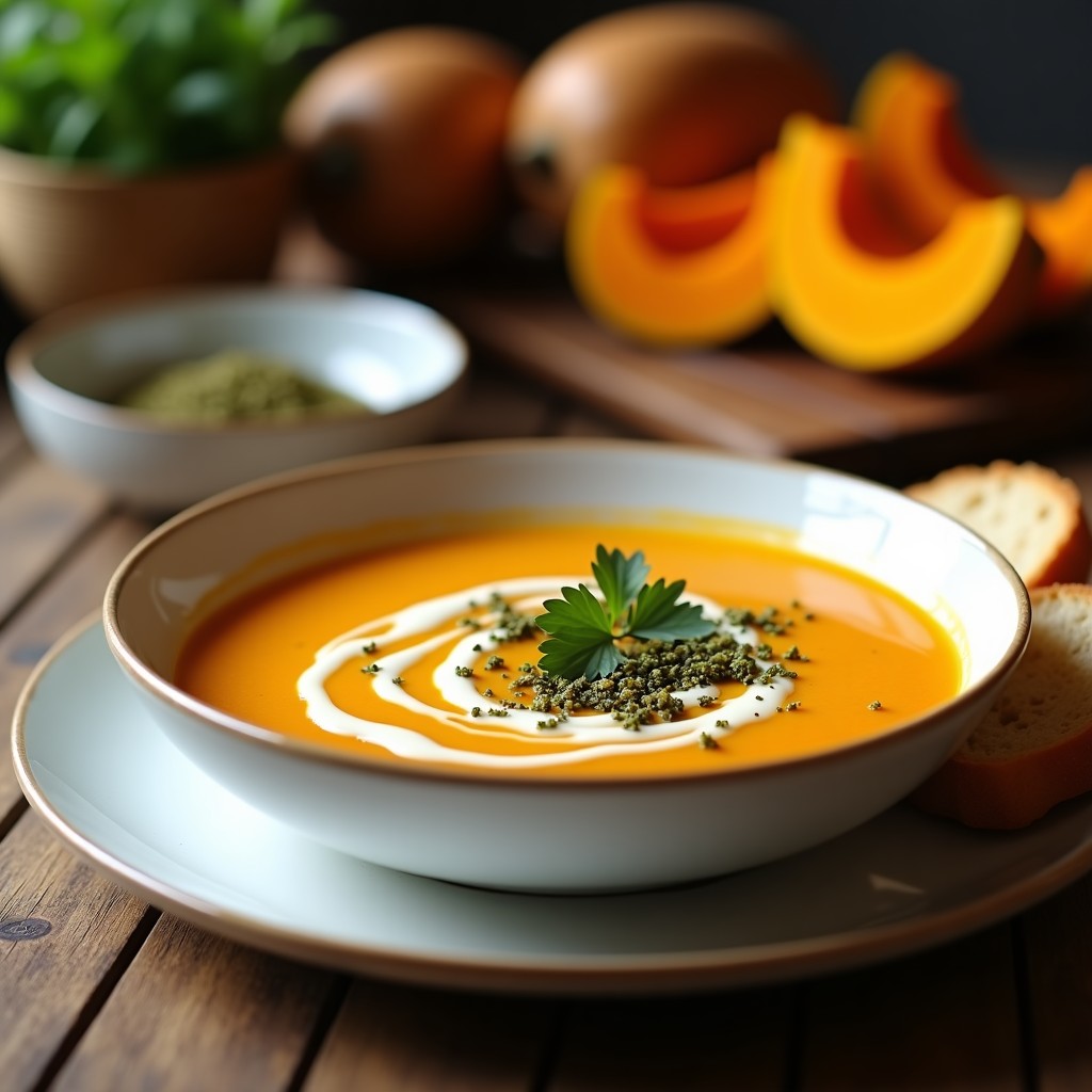Cuenco de cerámica blanca con sopa crema de calabaza espolvoreada con zaatar y perejil fresco, acompañada de pan tostado, sobre una mesa de madera rústica.
