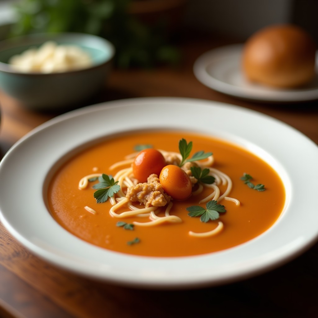 Cuenco hondo de cerámica blanca con sopa crema de castañas espesa, decorada con cubos de panceta ahumada crujiente y una rama de romero. Acompañada de rebanadas de pan rústico tostado sobre una mesa de madera rústica con fondo otoñal.
