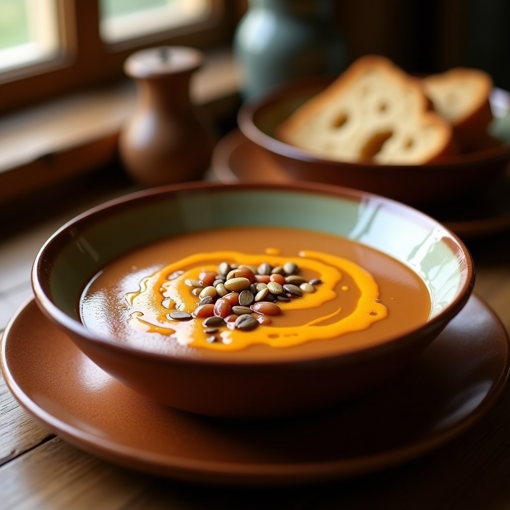 Plato hondo de barro con sopa crema de castañas y pimiento choricero, espolvoreada con semillas de castaña tostadas y un hilo de aceite de oliva virgen extra.