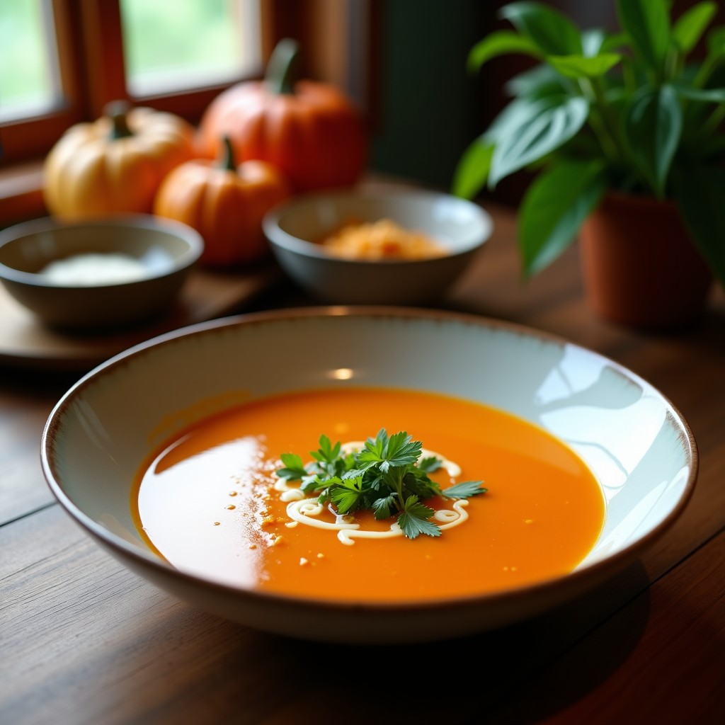 Cuenco de cerámica negra con sopa crema de calabaza y coco Thai, decorada con cilantro fresco, semillas de sésamo y rodajas de chile rojo, sobre fondo de madera rústica.