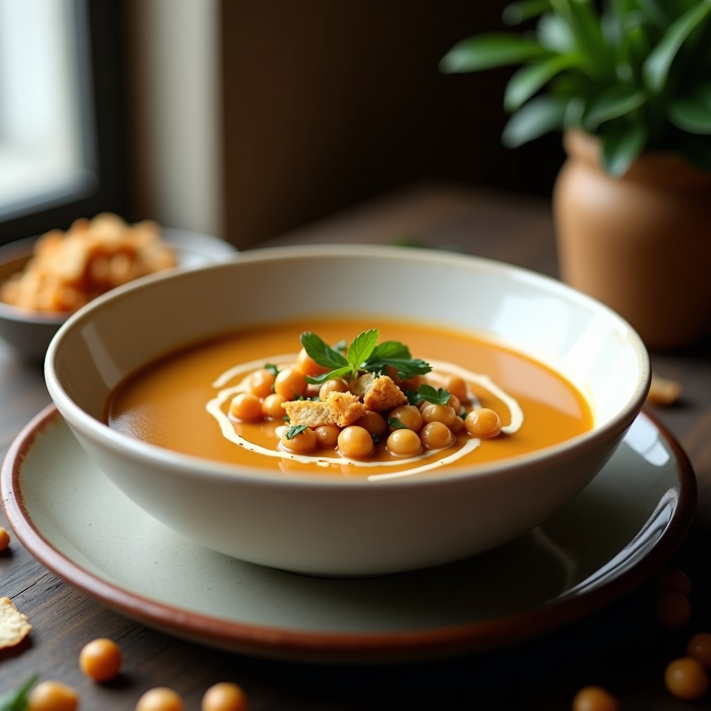 Cuenco de cerámica blanca con sopa crema de garbanzos tostados ahumados, decorada con garbanzos crujientes, pan de pita tostado y perejil fresco, sobre un fondo rústico de madera.