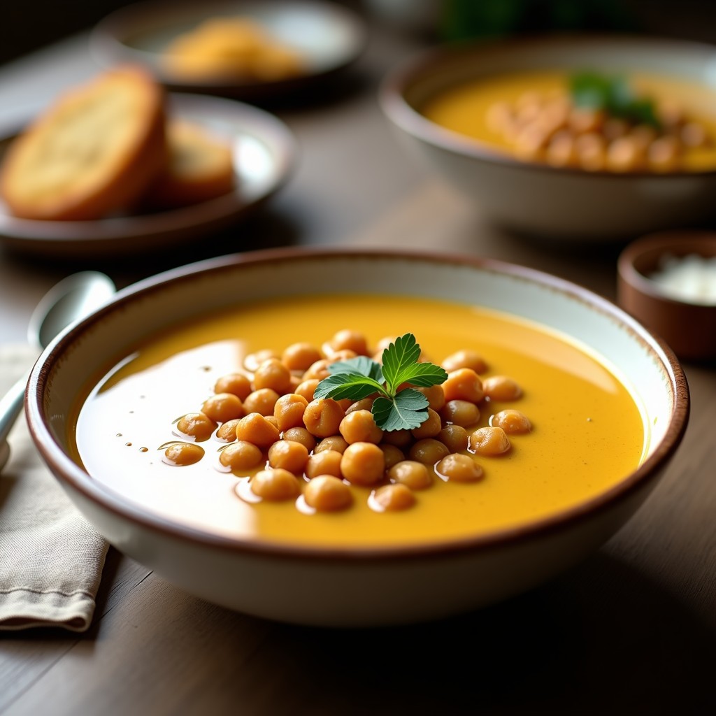 Cuenco de cerámica blanca con sopa crema de garbanzos tostados en airfryer, decorada con garbanzos dorados crujientes, perejil fresco y un hilo de aceite de oliva sobre fondo rústico.