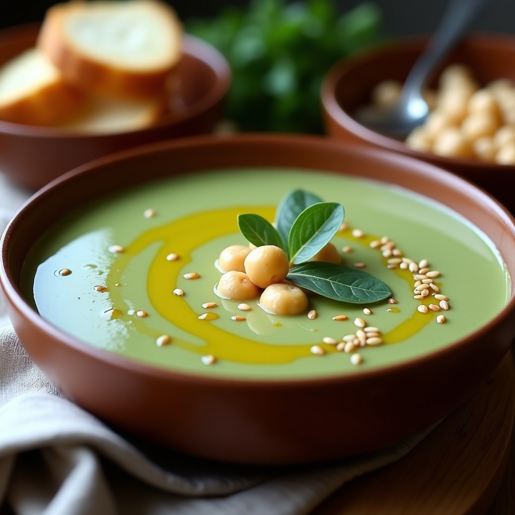 Cuenco de sopa crema de garbanzos y espinacas ahumadas, con textura sedosa y color verde intenso, decorada con semillas de sésamo tostadas y un hilo de aceite de oliva.