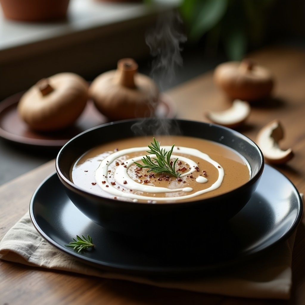 Bowl de cerámica negra con sopa crema de hongos portobello ahumados, espuma cremosa y decoración de tomillo fresco, receta vegana y reconfortante.