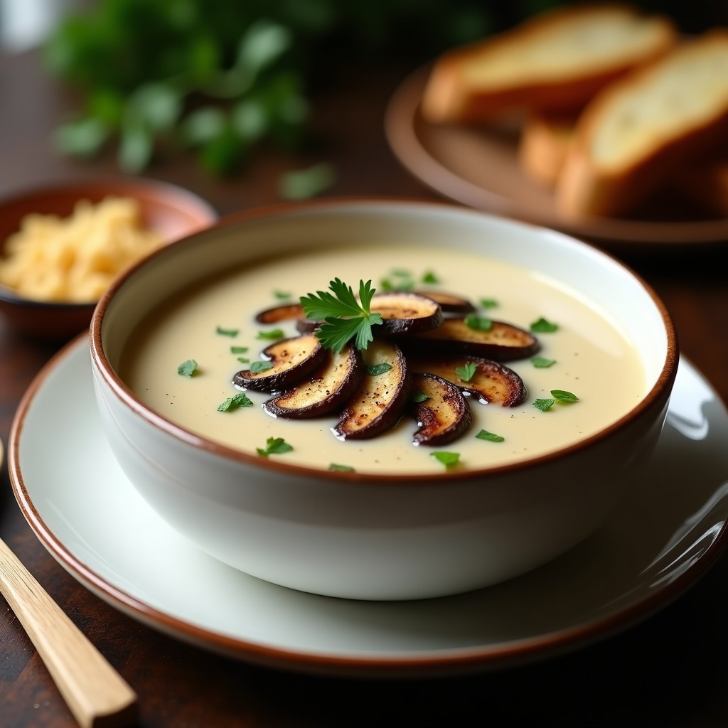 Cuenco blanco con sopa crema de hongos portobello espesa y brillante, decorada con perejil fresco y láminas de hongos tostados, junto a una cucharada de madera y pan tostado al lado.